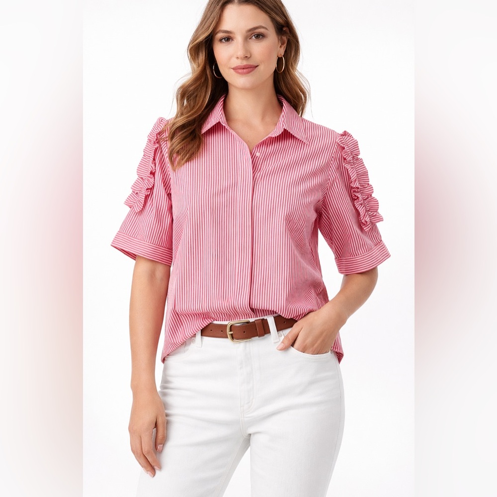 Walter Baker Red White Pinstripe Ruffle Sleeve Cotton Blouse | Size M